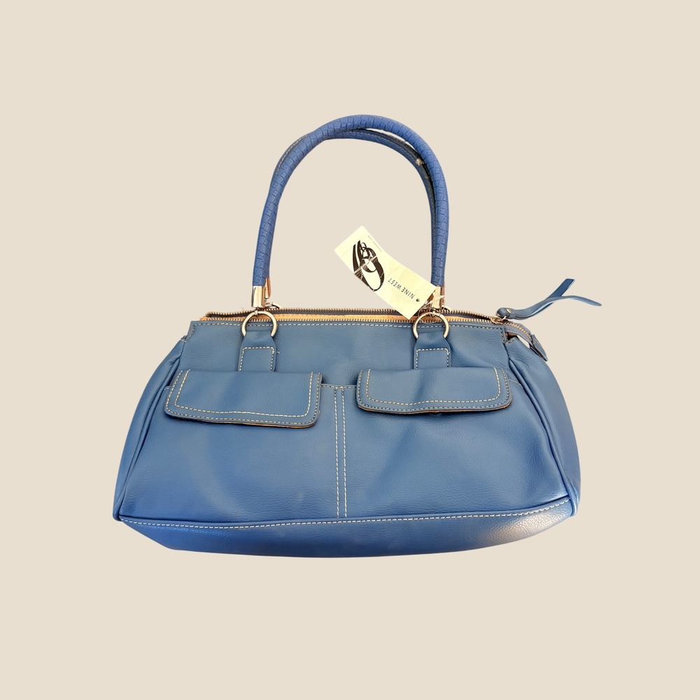 NWT Nine West Blue Faux Leather Satchel Handbag Gold Hardware